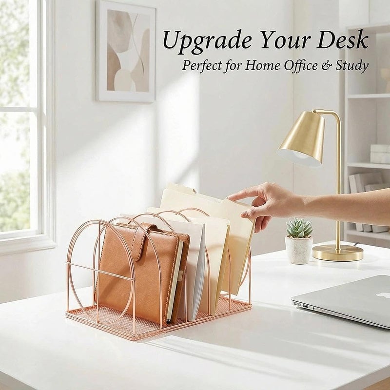 Simmer Stone File Sorter Organizer, 5 Section Magazine Holder Rack, Desktop Round Wire Book Stand for Mail, Paper, Document, Folder, Record and Desk Accessories, Rose Gold - Image 3